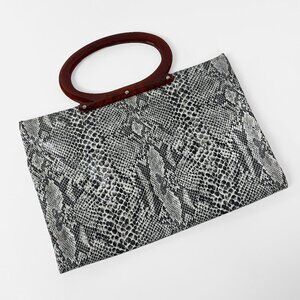 Vintage Faux Snakeskin Clutch Shopper Tote Bag Acrylic Amber Handle Grey Black